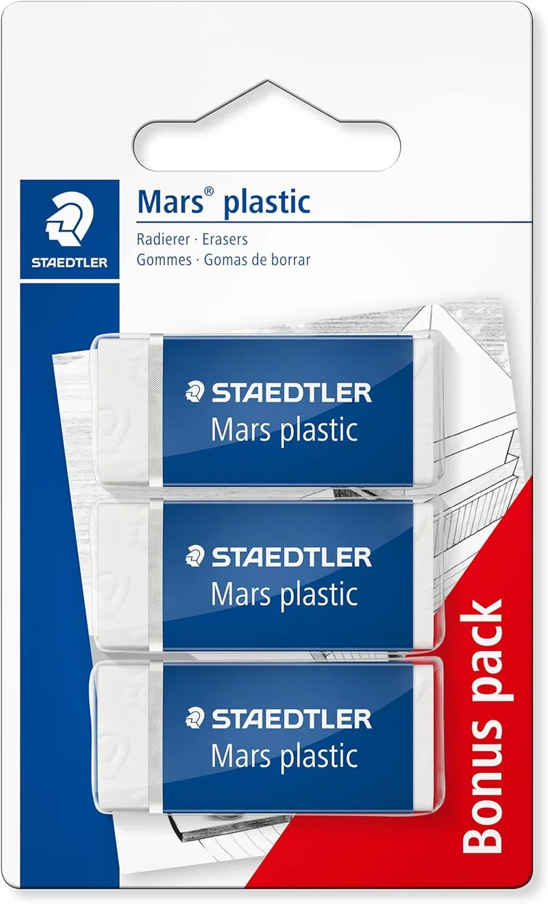 STAEDTLER ▫️ Mars plastic 526 53 Borrachas – embalagem de 3, longa duração | Poucos resíduos, apagamento limpo – sem ftalatos nem látex, para a escola – N.º de artigo 52653ABK3D