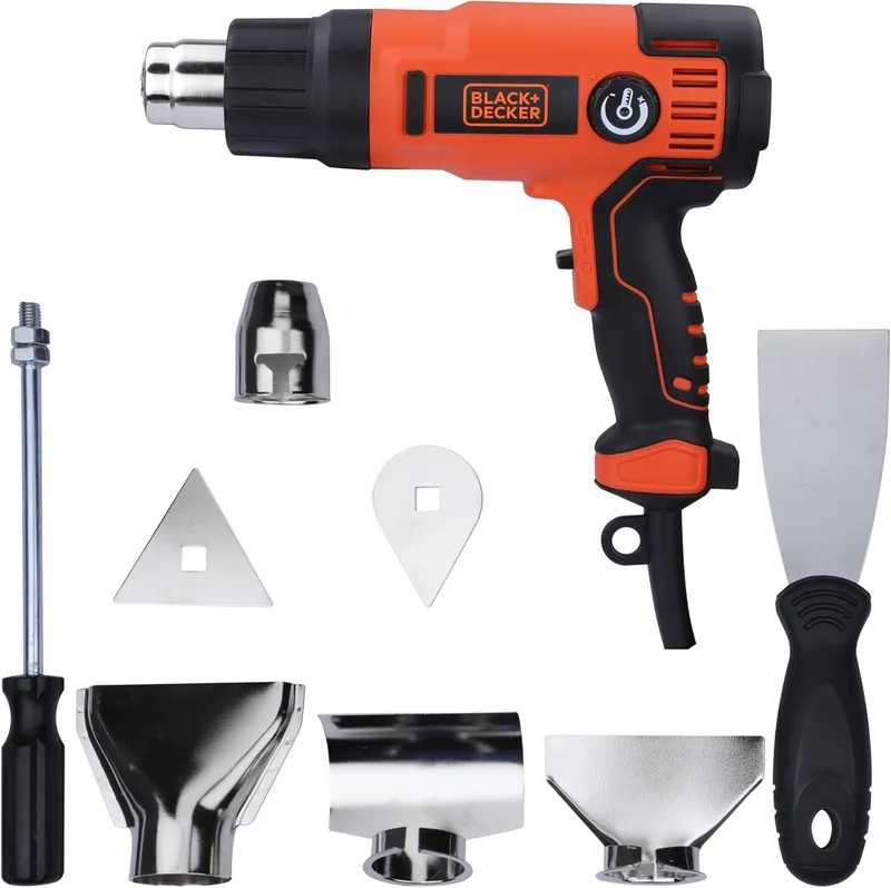 Black+Decker ▫️ Decapador Térmico 2000 W, Pistola de calor, Temperatura ajustável entre 65 e 645 °C, 2 níveis de fluxo de ar, pega ergonómica, inclui 8 acessórios e mala de transporte, 230 V, KX2200K