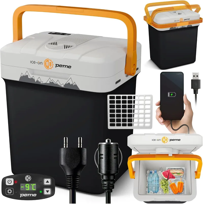 peme ▫️ Frigorífico Portátil Elétrico para Carro, Campismo, Viagem, 12 V, Termoelétrico com Tomada, Silencioso, Portátil, Congelador, Frigorífico, Frigoba 230 V, 22,9 L – Essential | Automóvel, campismo, carro, portátil pequeno, caixa de camião, refrigeração, viagem compacta, USB, essencial