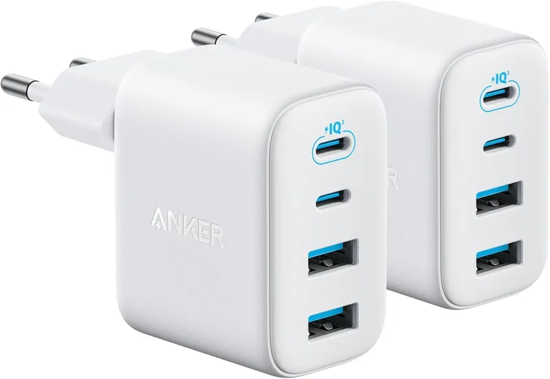 Anker ▫️ Zolo Carregador para iPhone com carregamento rápido GAN de 50 W e 4 portas – Conjunto de 2 unidades