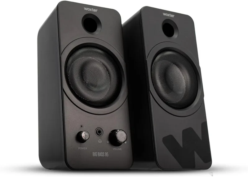 Woxter ▫️ Big Bass 95 - Altifalantes multimédia estéreo, 20 W, potentes, ligação de 3,5 mm, botões e ligações AUX e para auscultadores na parte frontal, compatíveis com PC, smartphones e consolas de jogos