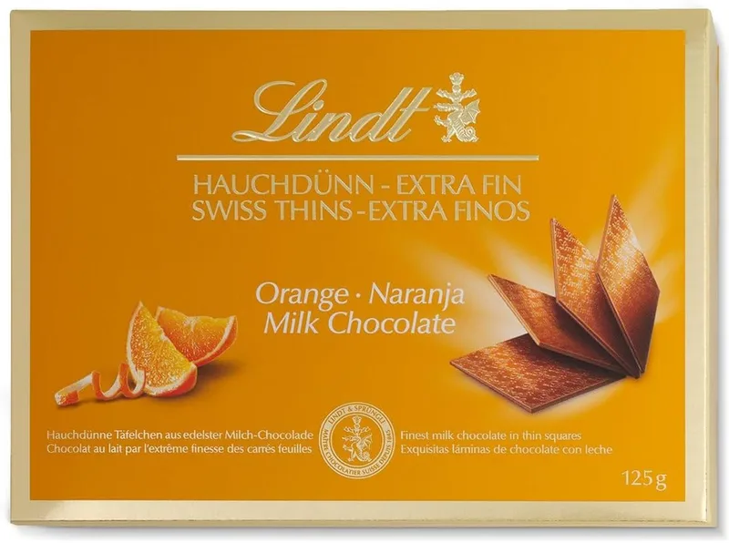 Lindt ▫️ Chocolate Swiss Thins com Leite e Laranja, lâminas de chocolate extrafinas, chocolate preto fino, 125 g