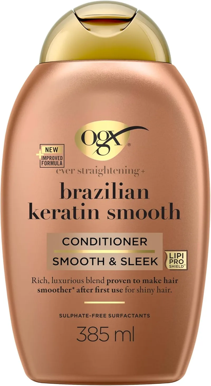 OGX ▫️ Ever Straightening + Brazilian Keratin Smooth Conditioner (385 ml), amaciador com óleo de coco e proteínas de queratina, tensioactivos sem sulfatos, para cabelos grosseiros