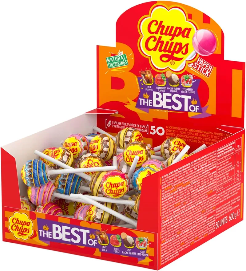 Chupa Chups ▫️ Original, rebuçados com pau em vários sabores, expositor de 50 unidades de 12 g (total: 600 g)