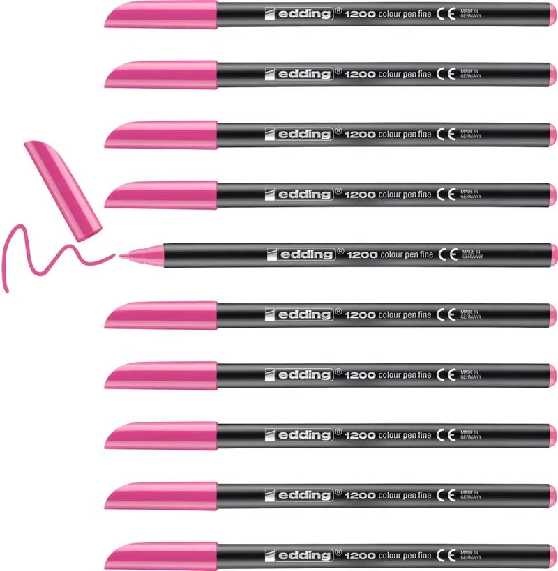 Edding ▫️ 1200-009 - Caixa com 10 marcadores 1200 com ponta de fibra - 1 mm - Rosa