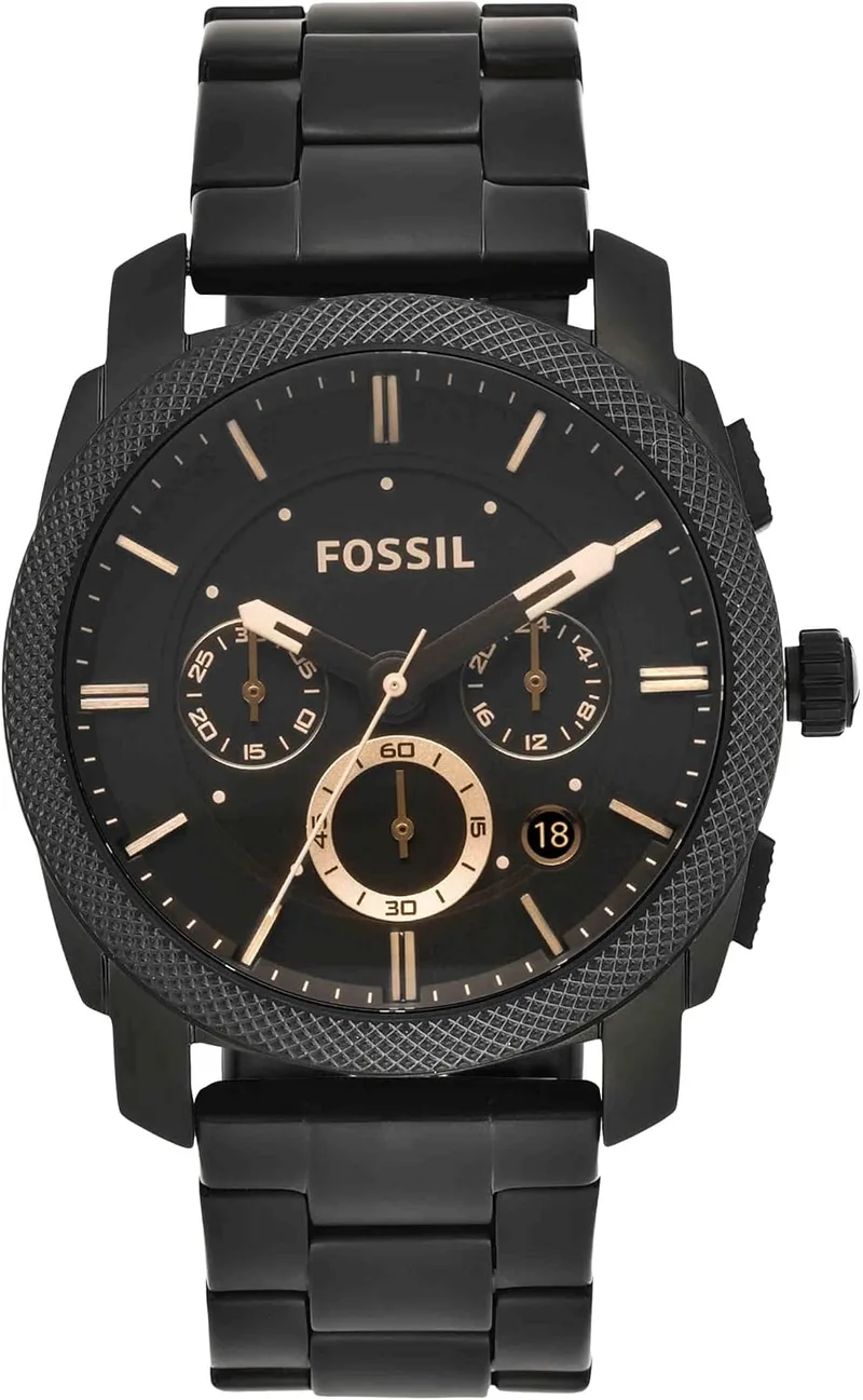 Fossil ▫️ Relógio Machine para homem, 42 mm, movimento cronógrafo de quartzo, com bracelete em aço ou pele