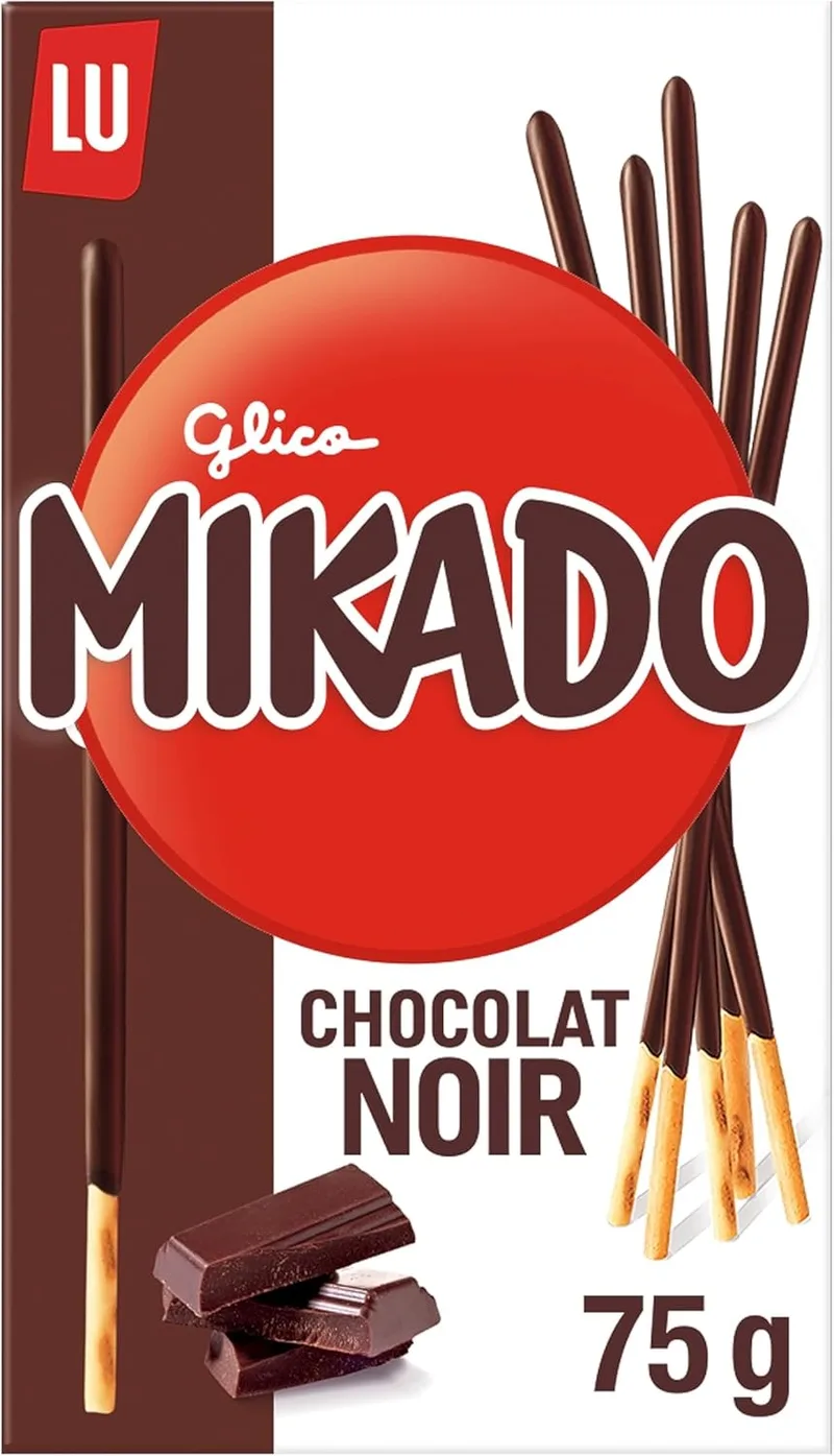 Mikado ▫️ LU, Palitos de biscoito crocantes, cobertos com chocolate preto, 75 g