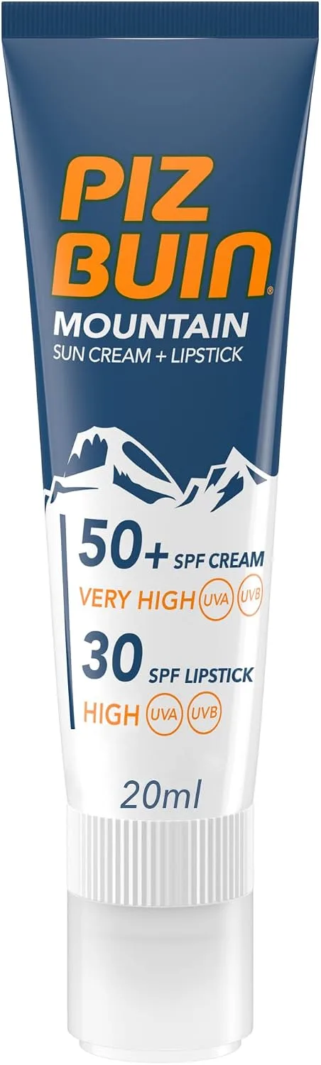 Piz Buin ▫️ Mountain Creme Solar Facial FPS 50 e Protetor Labial FPS 30, 20 ml | Proteção 2 em 1, para desportos de montanha ou de inverno, resistente à água e ao suor, hidratação duradoura, formato prático