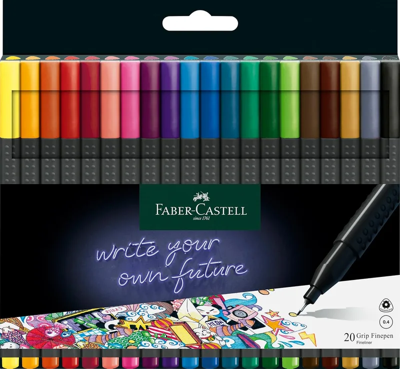 Faber-Castell ▫️ 151620 - Caixa com 20 canetas de ponta fina, canetas finas de 0,4 mm com pega ergonómica para desenhar e colorir, canetas para adultos e crianças em cores vibrantes