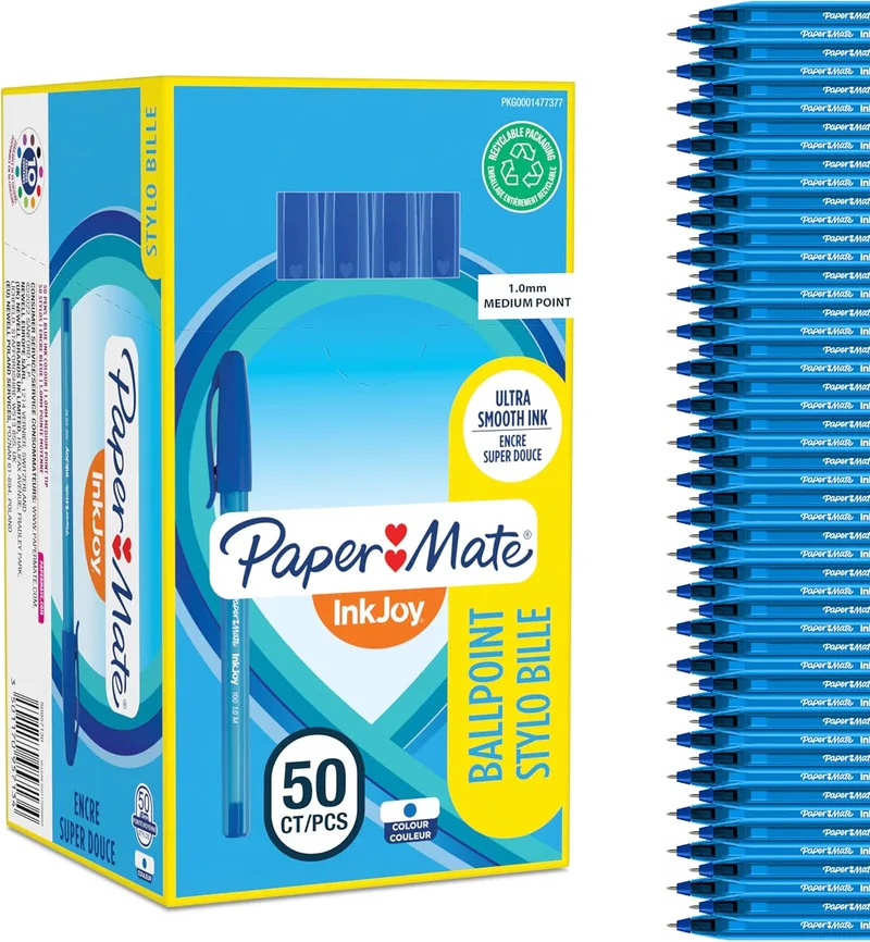 Paper Mate ▫️ InkJoy 100ST Caneta esferográfica com tampa | ponta média (1,0 mm) | azul | caixa de 50