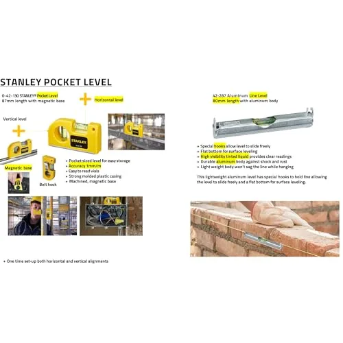 STANLEY ▫️ 0-42-130 Nível de bolso, com 2 bolhas, estrutura compacta em alumínio, base magnética, precisão de 2 mm/m, largura 11,5 cm, altura 2 cm, peso 0,09 kg 4