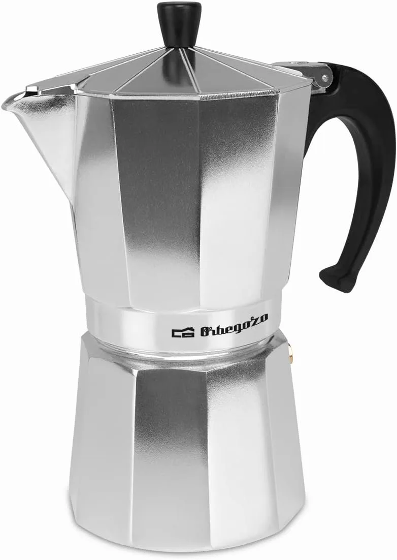 Orbegozo ▫️ KF 900, máquina de café italiana, capacidade para 9 chávenas, adequada para fogões a gás, eléctricos e vitrocerâmicos, pega ergonómica, válvula de segurança, interior fácil de limpar, cor prata