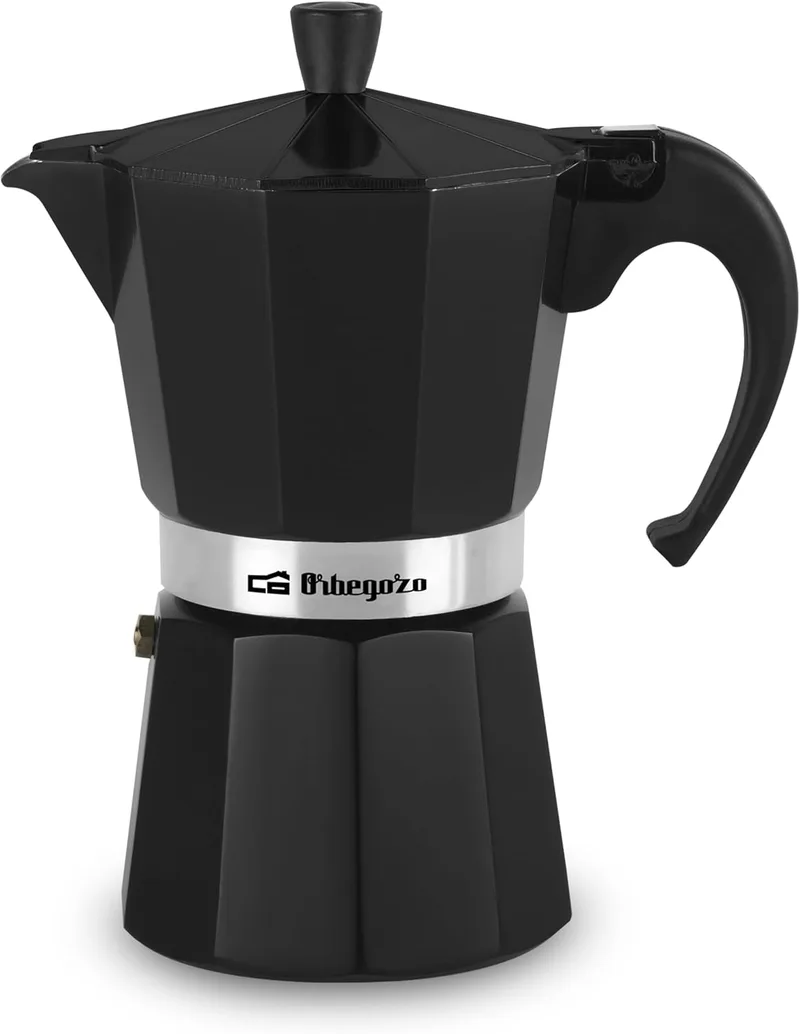 Orbegozo ▫️ KFN 610 - Cafeteira italiana em alumínio, com capacidade para 6 chávenas, pega ergonómica, válvula de segurança, filtro amovível, cor preta