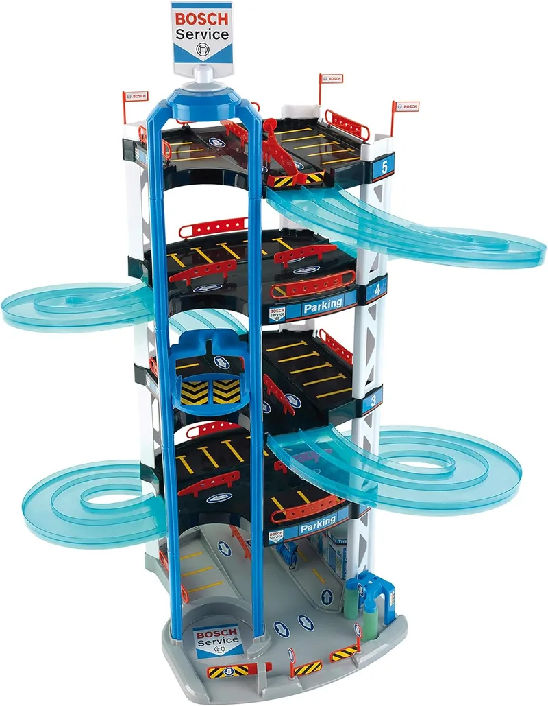 Theo Klein ▫️ 2813 Parque de estacionamento Bosch Car Service, com 5 andares, rampa dupla de saída, 2 carros de corrida, elevador e muito mais, dimensões 55 cm x 55 cm x 85 cm, brinquedo para crianças a partir dos 3 anos