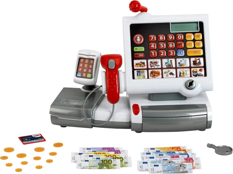 Theo Klein ▫️ 9356 Caixa registadora de brinquedo I Com função de calculadora e terminal de pagamento I Leitor de código de barras e balança com luz e som I Brinquedo para crianças a partir dos 3 anos