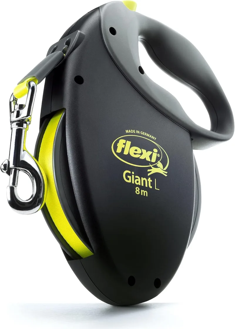 FLEXI ▫️ USA - Trela retrátil Gigante Neon para cães (fita), ergonómica, resistente e que não se enrola, para cães até 50 kg, 7 metros, tamanho grande, cor preta