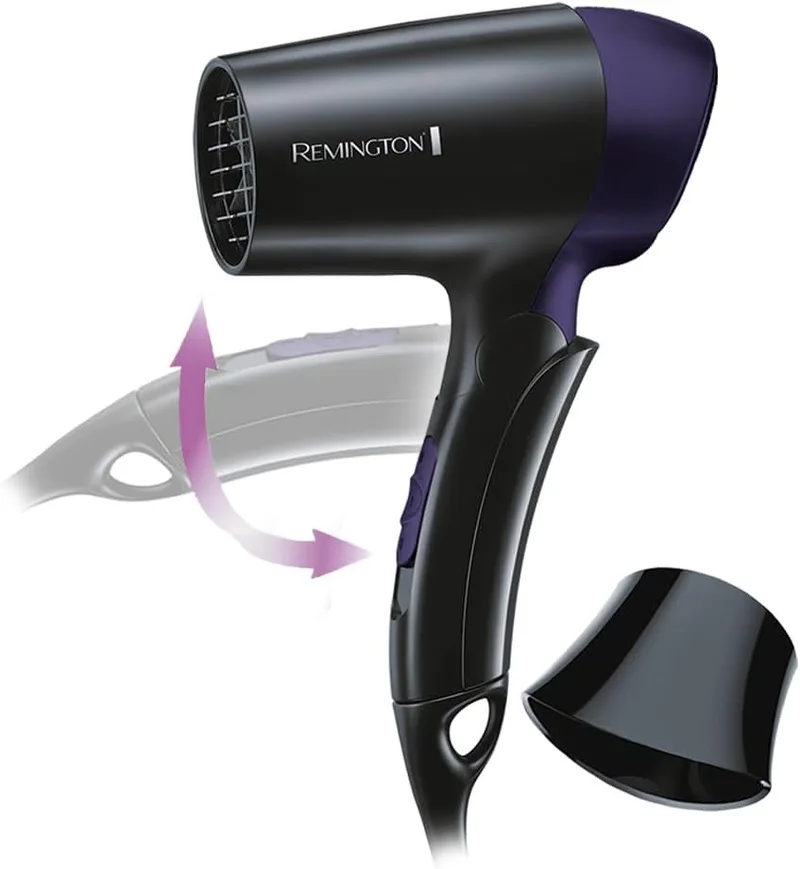 Remington ▫️ Secador de cabelo de viagem D2400, dobrável, com bocal concentrador, 1400 W, tensão universal, preto e roxo