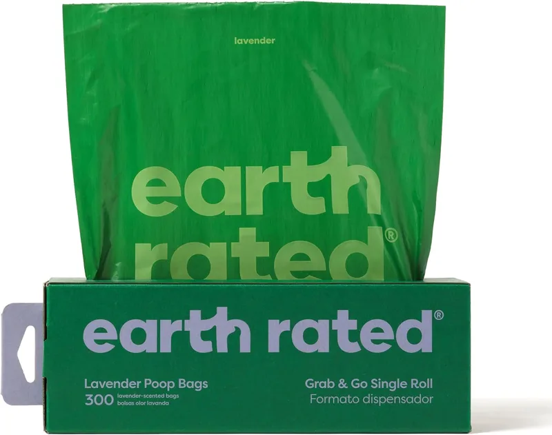 Earth Rated ▫️ Sacos para fezes de cão à prova de fugas e extra-grossos, perfeitos para jardins. Um único rolo grande «Grab and Go», com aroma a lavanda, 300 unidades