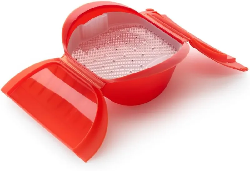 Lékué ▫️ Cesto de vapor profundo com tabuleiro 3-4 pessoas, silicone platina Vermelho, 1000 ml