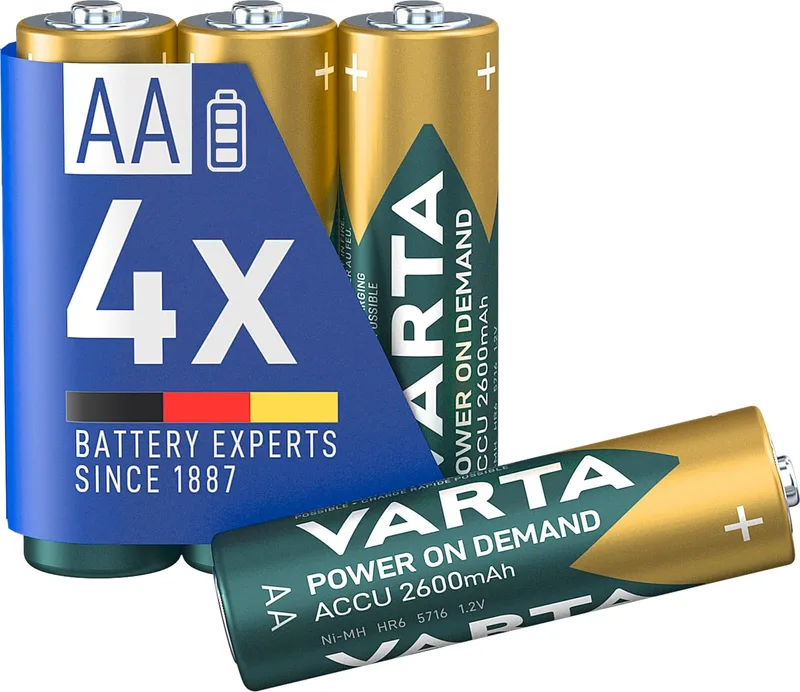 Varta ▫️ Pilhas AA, recarregáveis, embalagem de 4, Recharge Accu Power, bateria recarregável, 2600 mAh Ni-MH, sem efeito de memória, pré-carregadas, prontas a usar