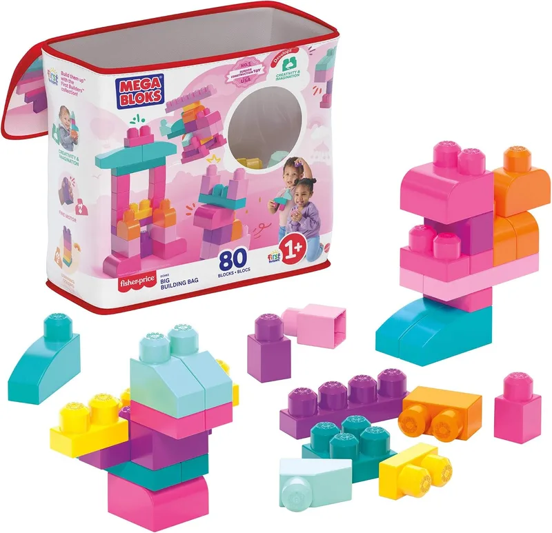 Mega Bloks ▫️ First Builders Saco Grande com 80 blocos, Rosa