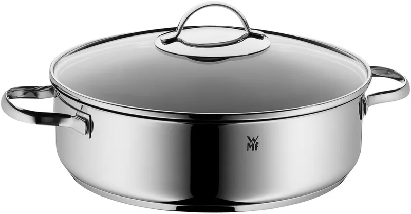 WMF ▫️ Devil - Panela de 28 cm de diâmetro com tampa de vidro, aço inoxidável Cromargan 18/10, panela redonda rasa antiaderente, adequada para indução e forno