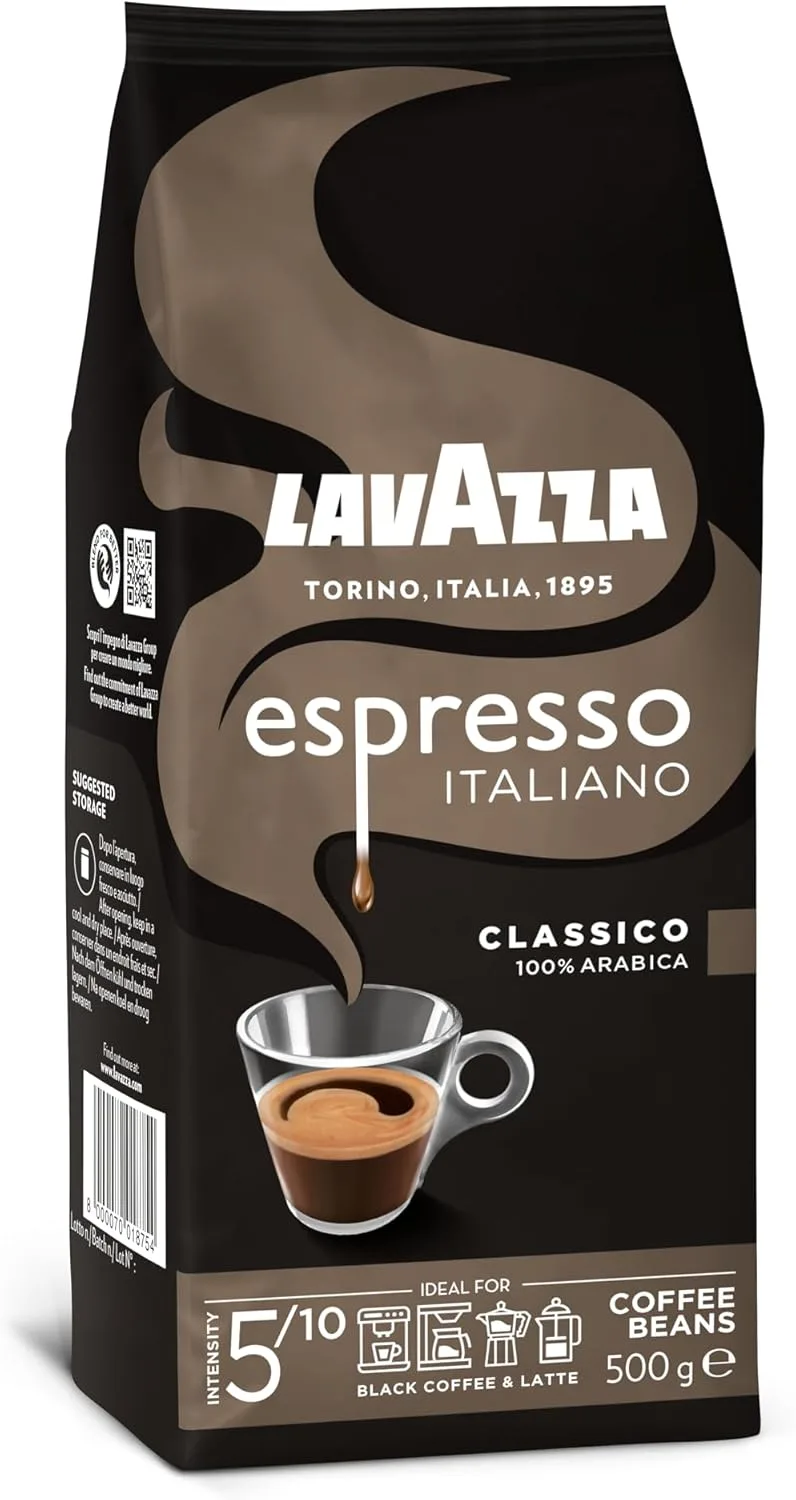 Lavazza ▫️ Espresso Italiano Classico, café em grão natural, ideal para a máquina de café expresso, com notas florais aromáticas, 100 % arábica, intensidade 5, torrefação média, embalagem de 500 g