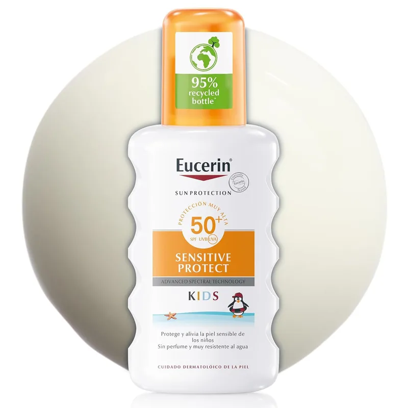 Eucerin Sun Kids Sensitive Protect Spray SPF 50+ (200 ml), protetor solar com filtros UV, spray protetor solar infantil resistente à água, proteção solar para peles sensíveis