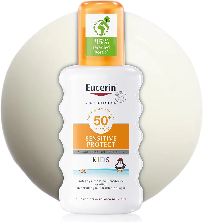 Eucerin ▫️ Sun Kids Sensitive Protect Spray FPS 50+ (200 ml), creme solar com filtros UV, protetor solar infantil em spray resistente à água, proteção solar para peles sensíveis