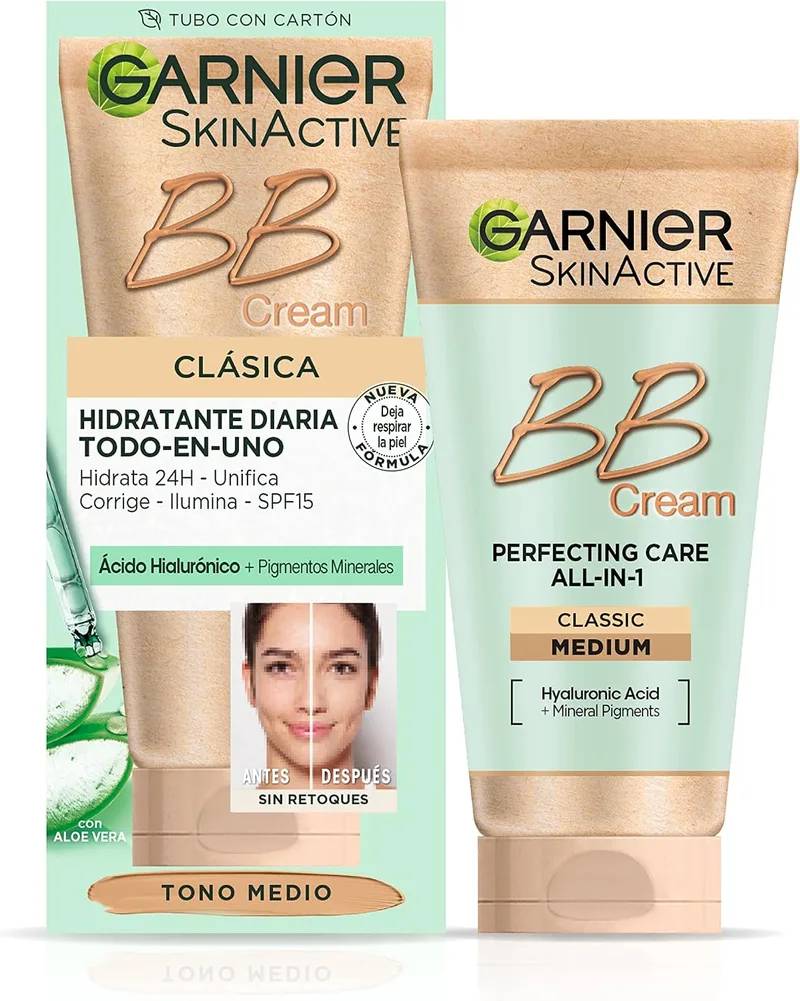 Garnier ▫️ SkinActive, BB Cream Clássico Perfeicionador Prodigioso, Peles Normais, Tom Médio, FPS 15, com Vitamina C, Hidrata, Unifica, Corrige Imperfeições, 50 ml