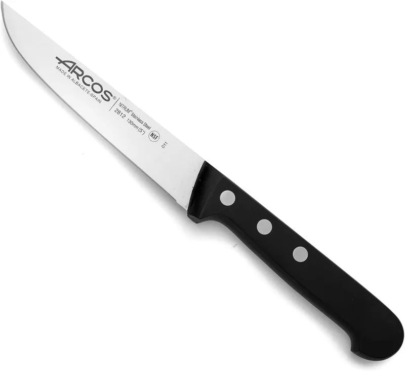 Arcos ▫️ Faca de cozinha em aço inoxidável Nitrum com lâmina de 130 mm. Faca multiusos profissional. Cabo ergonómico em polioximetileno (POM). Série Universal. Cor preta.