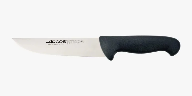 Arcos ▫️ Facas de açougueiro da gama Nitrum em aço inoxidável. Faca para carne. Cabo em polipropileno preto. Sistema de identificação por cores para utilização prolongada e intensiva. Série 2900. Cor preta. | Faca de cozinha em aço inoxidável. Cabo resistente, ideal para uso diário, cor preta.