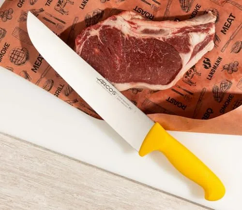 Arcos ▫️ Faca de açougueiro com lâmina em aço inoxidável de 250 mm. Faca de cozinha profissional para cortar carne, peixe e legumes. Cabo ergonómico em polioximetileno. Série 2900. Cor amarela. 5