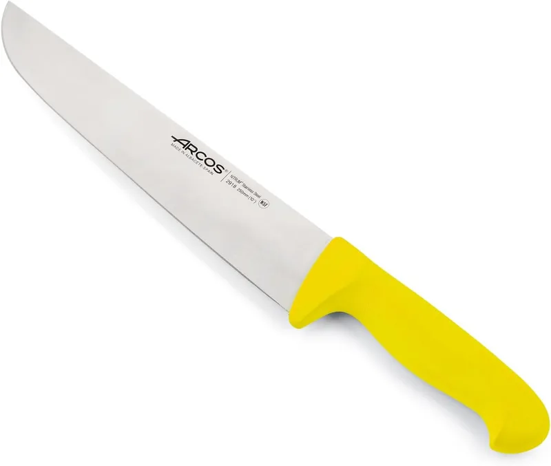 Arcos ▫️ Faca de açougueiro com lâmina em aço inoxidável de 250 mm. Faca de cozinha profissional para cortar carne, peixe e legumes. Cabo ergonómico em polioximetileno. Série 2900. Cor amarela.