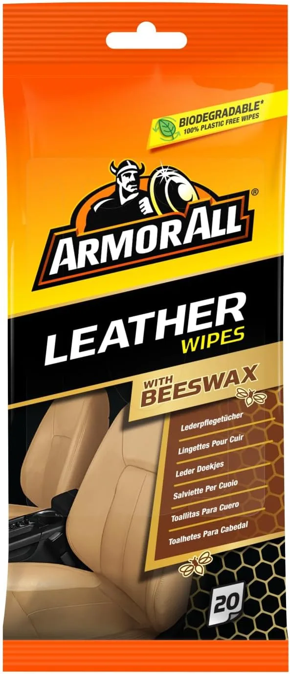 Armor All ▫️ Toalhetes para Estofos em Pele - 20 unidades - Limpa, condiciona e protege com cera de abelha, acabamento mate, fácil de usar, previne manchas e mantém a pele como nova