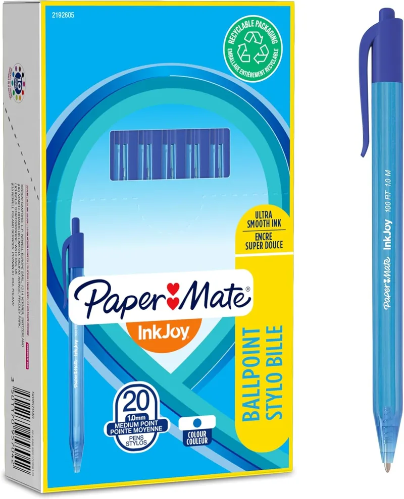 Paper Mate ▫️ InkJoy 100RT Caneta retrátil | ponta média (1,0 mm) | azul | embalagem de 20