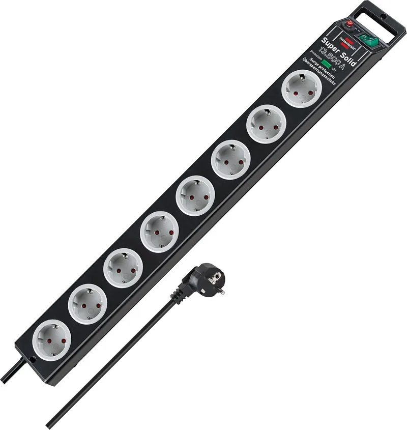 Brennenstuhl ▫️ Super-Solid, extensão com 8 tomadas e proteção contra sobretensão até 13 500 A (com cabo de 2,5 m e interruptor, extensão em policarbonato inquebrável) Preto/Cinzento