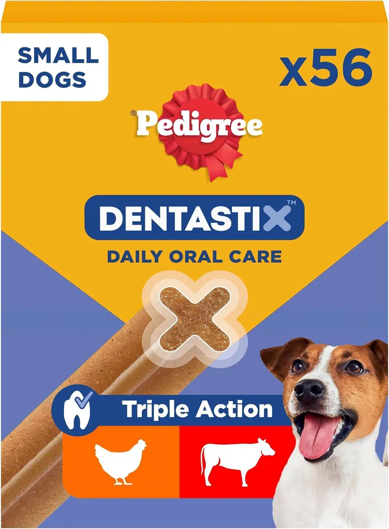 Pedigree ▫️ DENTASTIX - Snacks dentais diários para cães de tamanho médio, 56 snacks com frango e vaca