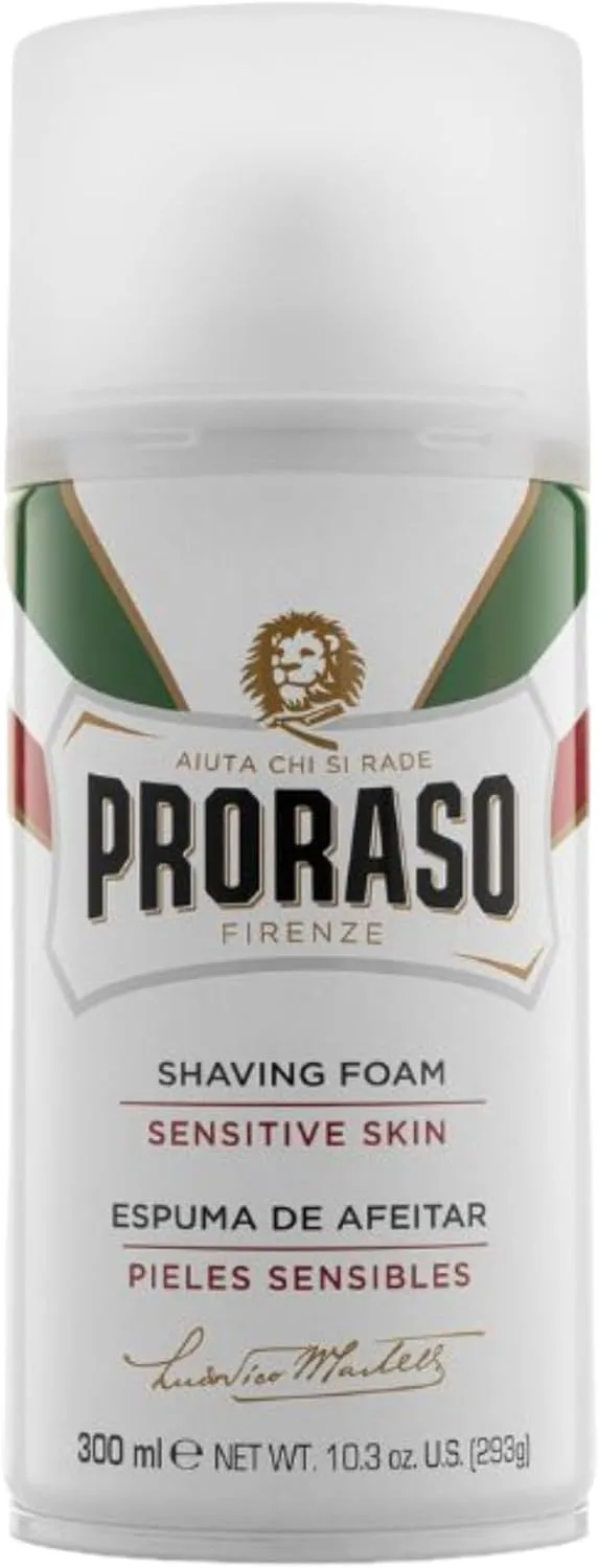 Proraso ▫️ Espuma de barbear 300 ml, creme de barbear que protege a pele sensível, gel de barbear nutritivo com extractos de aveia e chá verde, branco