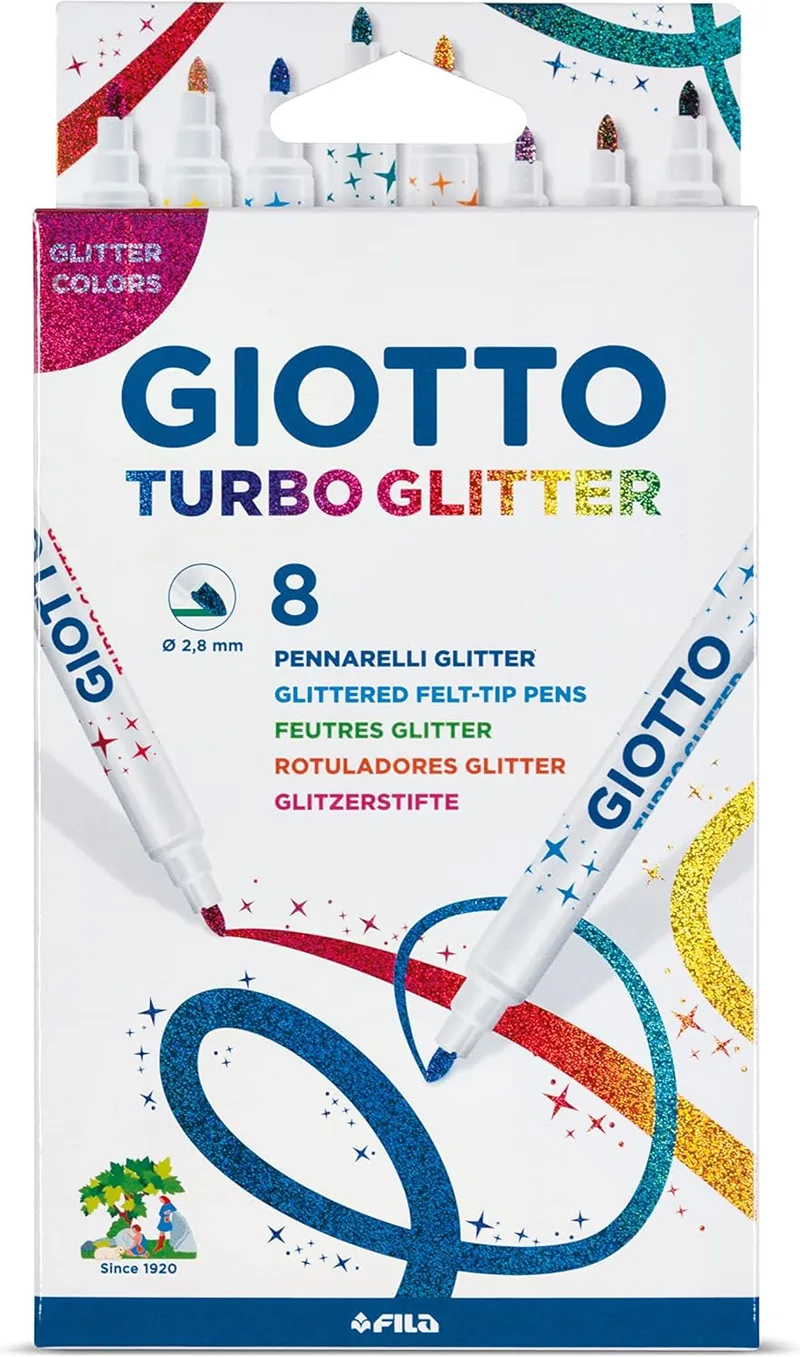 Giotto ▫️ Turbo Glitter, Marcadores com tinta brilhante, ponta fina, ponta de 2,8 mm, cores variadas, 8 unidades.