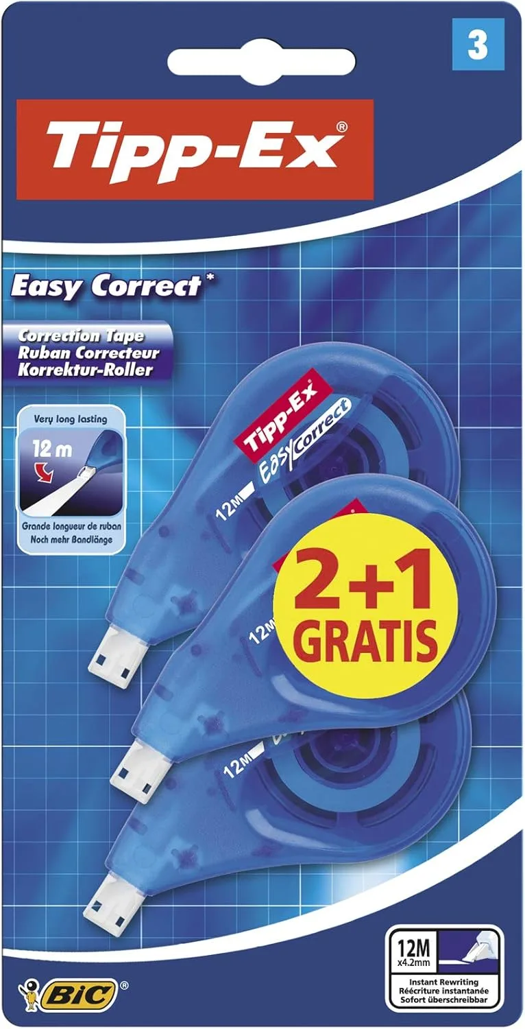 BIC ▫️ Tipp-Ex Easy Correct, fita corretora com marcação lateral para ver o que está a corrigir, 12 m x 4,2 mm, caixa de 2+1