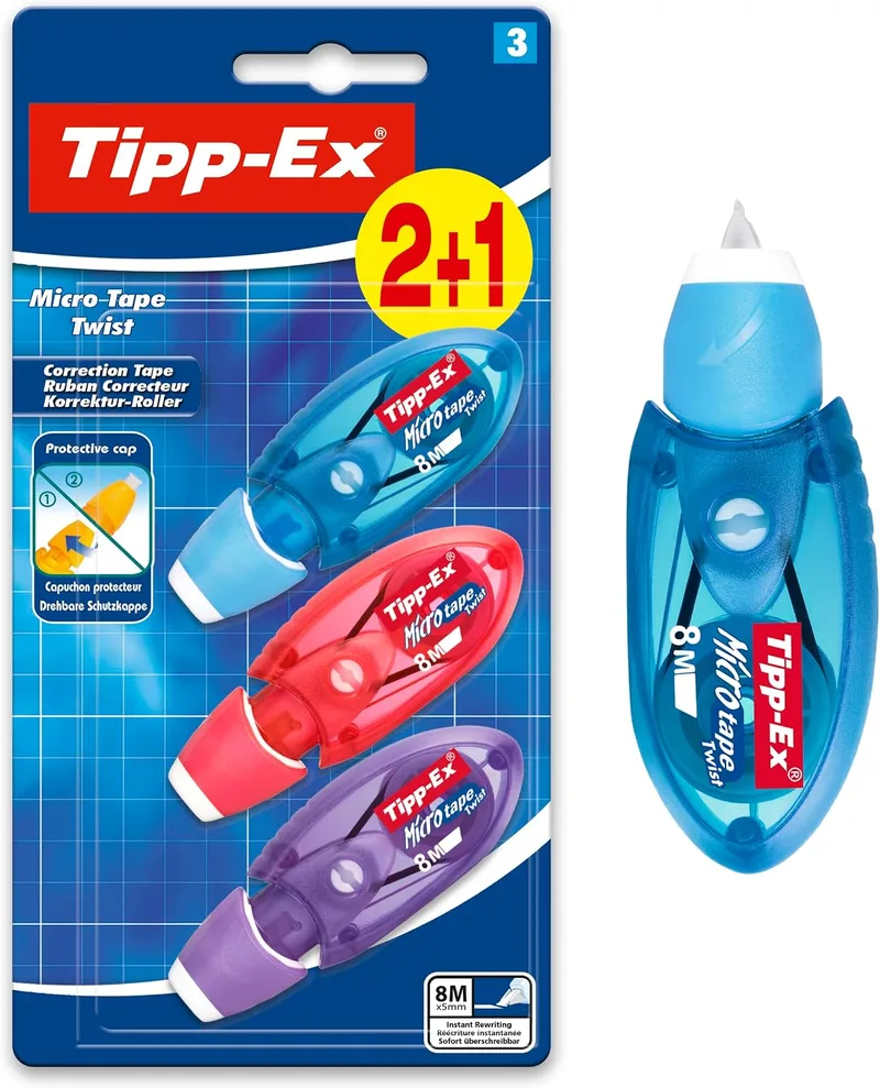 BIC ▫️ Tipp-Ex Fita Corretora para Canetas esferográficas, Ideal para Material Escolar, Micro Tape Twist, 8 m x 5 mm, com cabeça rotativa, embalagem blister de 3 unidades, multicolorida