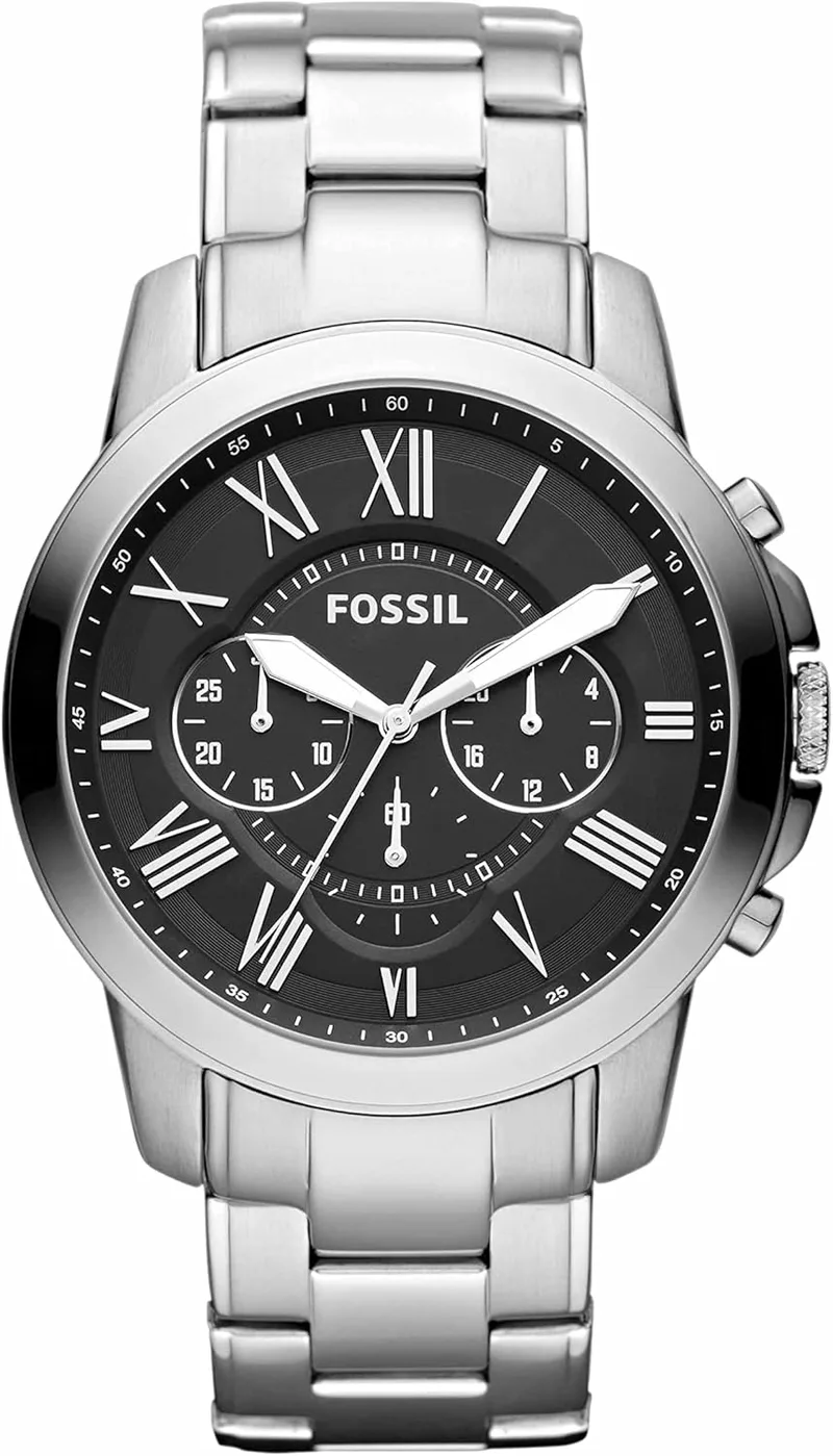 Fossil ▫️ Relógio para homem Grant, movimento de quartzo, caixa de aço inoxidável prateado de 44 mm com bracelete em pele, FS5210IE