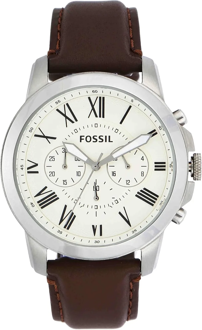 Fossil ▫️ Relógio Grant para homem, movimento cronógrafo de quartzo com bracelete em pele e aço inoxidável
