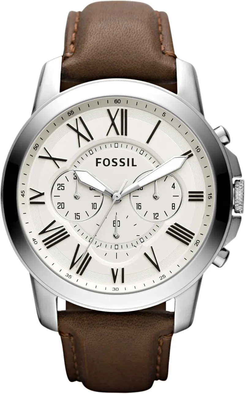 Fossil ▫️ Relógio Grant para homem, movimento cronógrafo de quartzo com bracelete em pele e aço inoxidável