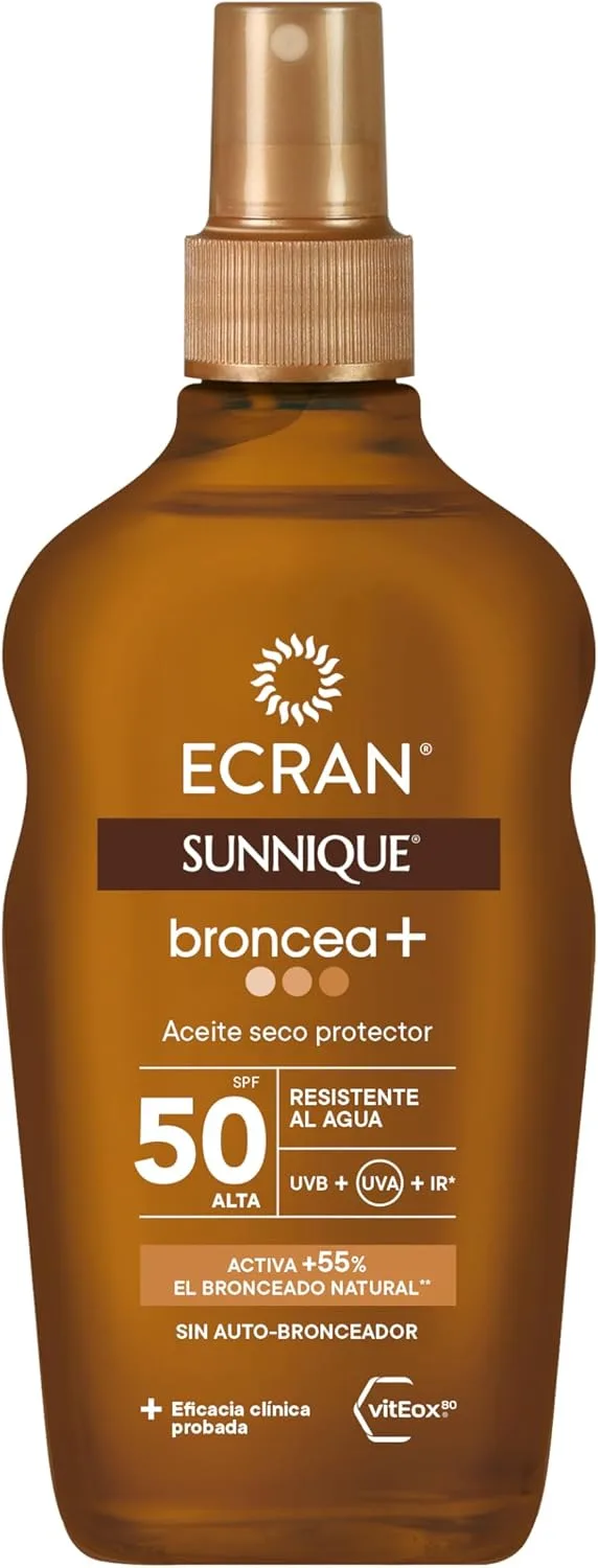 Ecran ▫️ Sunnique - Óleo Protetor Solar Broncea+ FPS 50, Proteção Elevada contra os raios UVB e UVA, Estimula o bronzeado natural, Sem autobronzeador, com tecnologia PureBronze, Resistente à água - 200 ml
