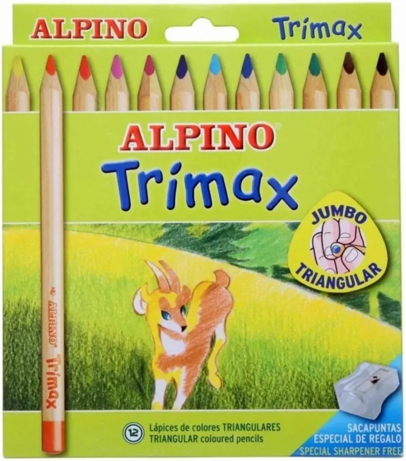 Alpino ▫️ Lápis de cor Trimax 12 unid. : Lápis de cor para crianças : Lápis triangulares com mina resistente 5,4 mm : Material escolar : Estojo de madeira