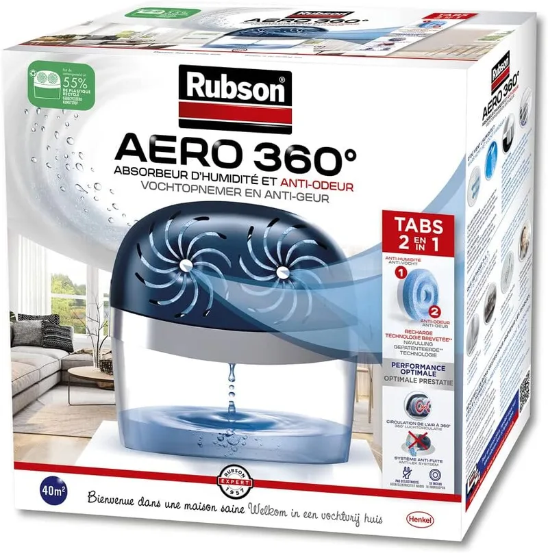 Rubson ▫️ Aero 360º Stop - Absorvedor de humidade (40 m²), inclui 2 recargas de 450 g