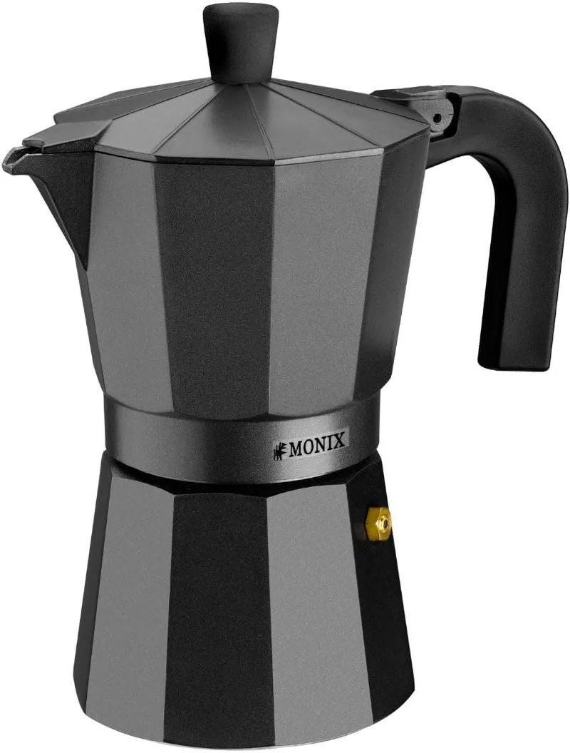Monix ▫️ Vitro Noir | Cafeteira italiana de alumínio 9 chávenas, adequada para placa de vitrocerâmica, gás e eletricidade, NÃO adequada para indução, pega resistente ao calor