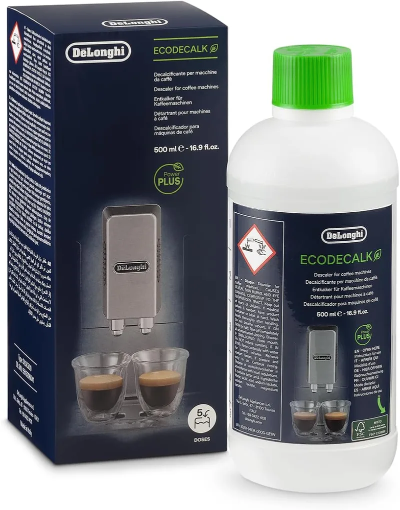 De'Longhi ▫️ EcoDecalk Descalcificador DLSC500, 5 doses de descalcificação, acessório de manutenção para máquina de café, ingredientes de origem vegetal, frasco com 5 doses, 500 ml